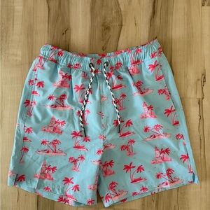 Aqua and Pink Tropical Men's Swim Trunks